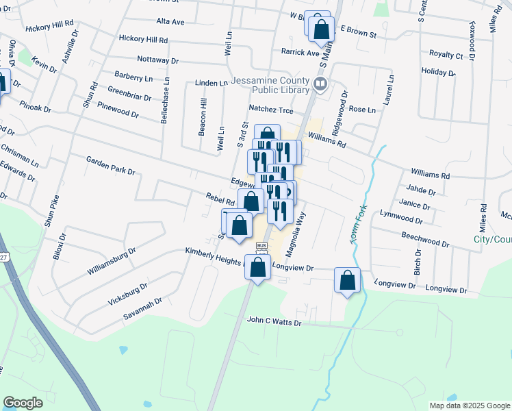 map of restaurants, bars, coffee shops, grocery stores, and more near 100 Rebel Road in Nicholasville