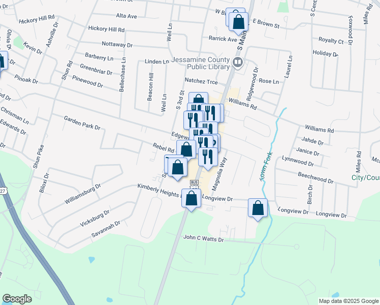 map of restaurants, bars, coffee shops, grocery stores, and more near 100 Rebel Road in Nicholasville