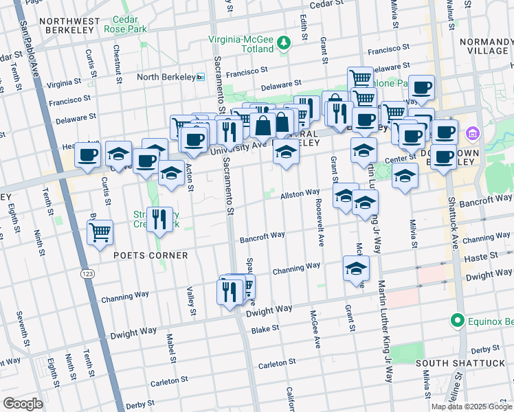 map of restaurants, bars, coffee shops, grocery stores, and more near 1578 Allston Way in Berkeley