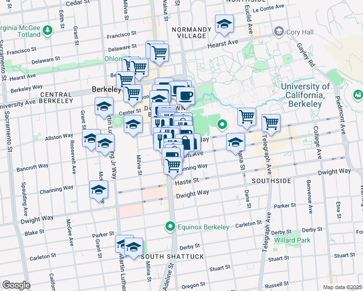 map of restaurants, bars, coffee shops, grocery stores, and more near 2126 Bancroft Way in Berkeley