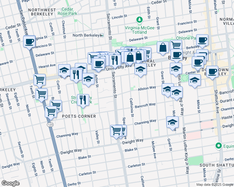 map of restaurants, bars, coffee shops, grocery stores, and more near 2153 Sacramento Street in Berkeley
