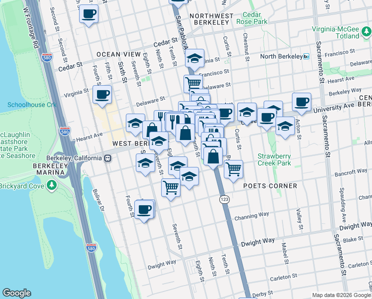 map of restaurants, bars, coffee shops, grocery stores, and more near 2035 Ninth Street in Berkeley