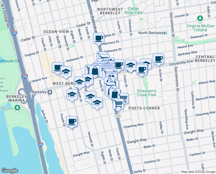 map of restaurants, bars, coffee shops, grocery stores, and more near 2100 San Pablo Avenue in Berkeley