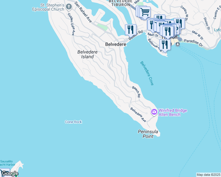 map of restaurants, bars, coffee shops, grocery stores, and more near 275 Golden Gate Avenue in Belvedere