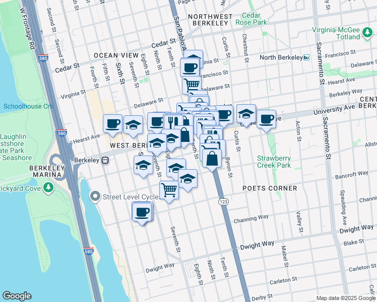 map of restaurants, bars, coffee shops, grocery stores, and more near 1009 Addison Street in Berkeley