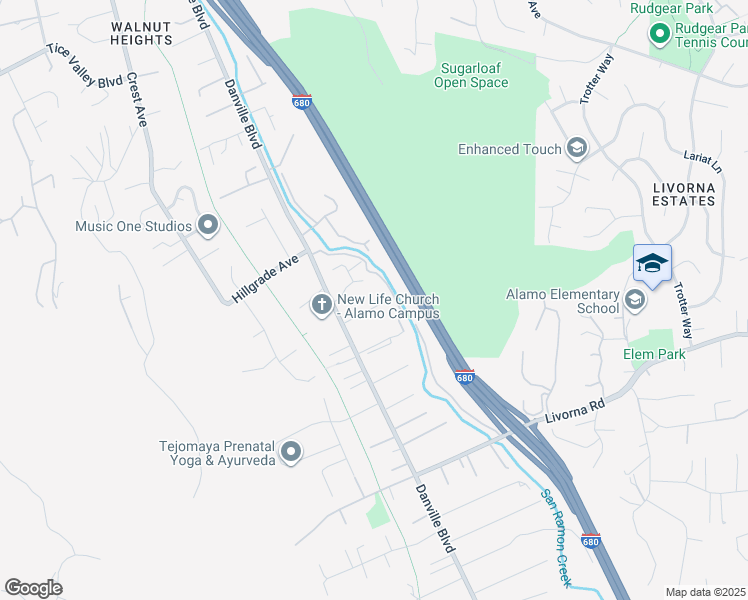 map of restaurants, bars, coffee shops, grocery stores, and more near 1448 Sunnybrook Road in Alamo
