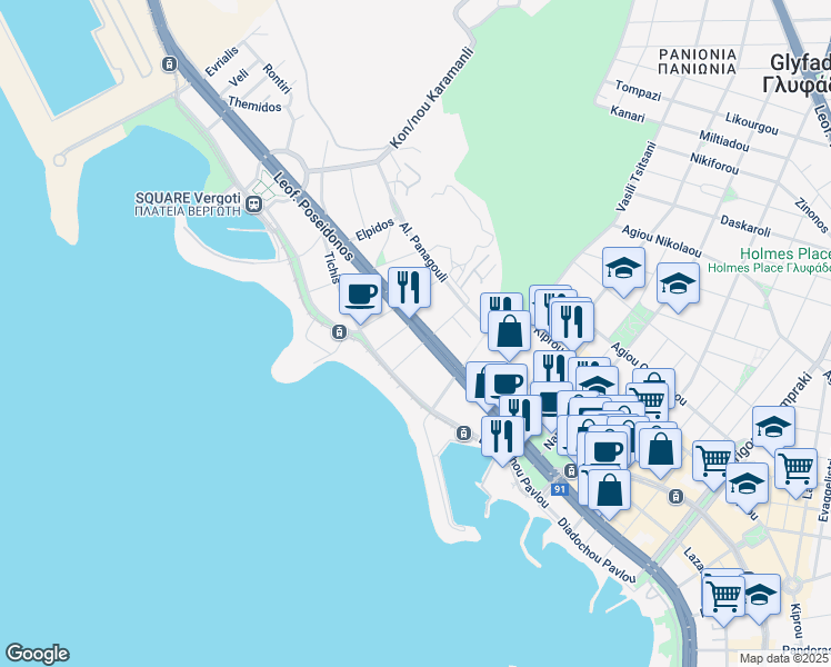map of restaurants, bars, coffee shops, grocery stores, and more near in Glifada
