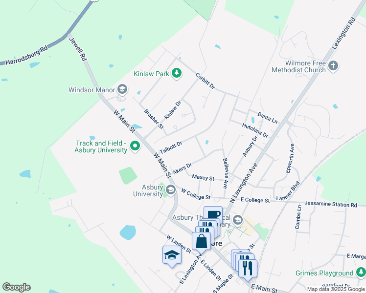 map of restaurants, bars, coffee shops, grocery stores, and more near 410 Talbott Drive in Wilmore