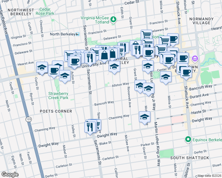 map of restaurants, bars, coffee shops, grocery stores, and more near 2206 Jefferson Avenue in Berkeley