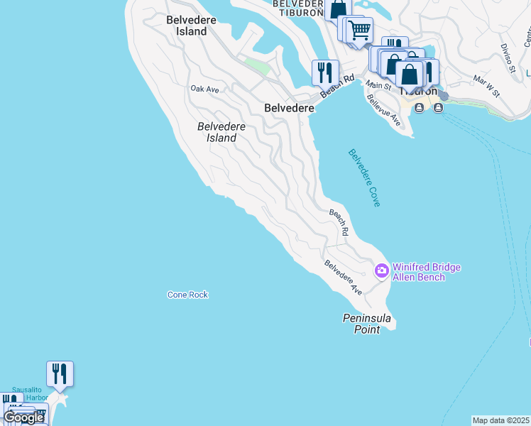 map of restaurants, bars, coffee shops, grocery stores, and more near 6 Cliff Road in Belvedere