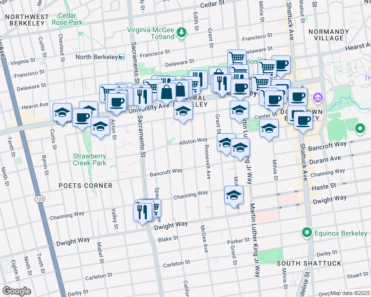 map of restaurants, bars, coffee shops, grocery stores, and more near 2212 Jefferson Avenue in Berkeley