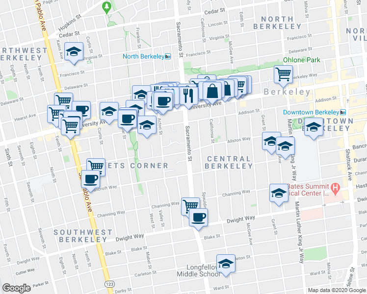 map of restaurants, bars, coffee shops, grocery stores, and more near 2153 Sacramento Street in Berkeley