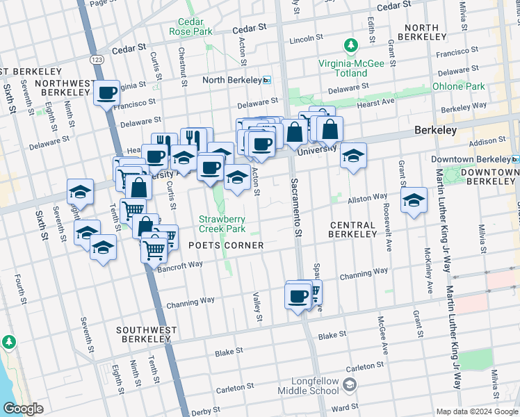 map of restaurants, bars, coffee shops, grocery stores, and more near in Berkeley