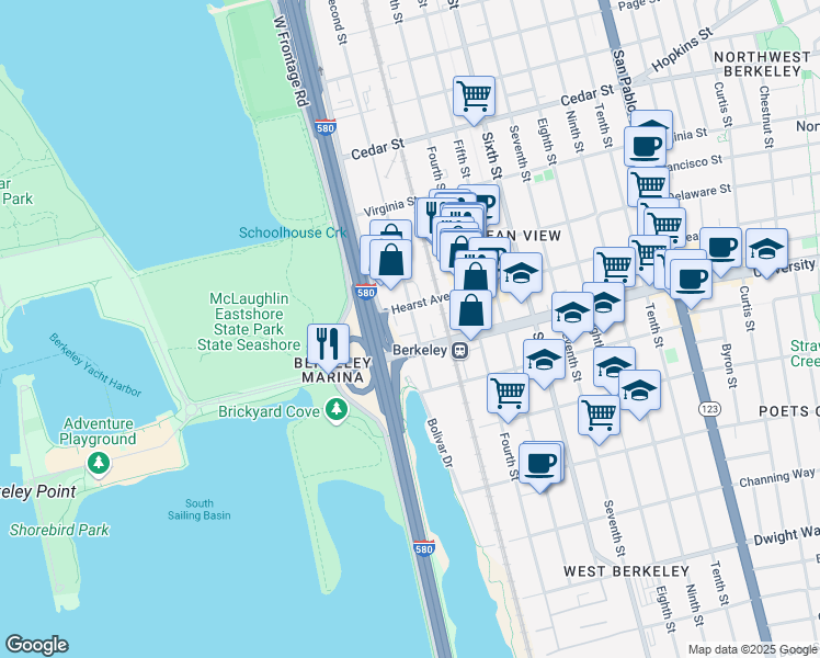 map of restaurants, bars, coffee shops, grocery stores, and more near 1920 Second Street in Berkeley