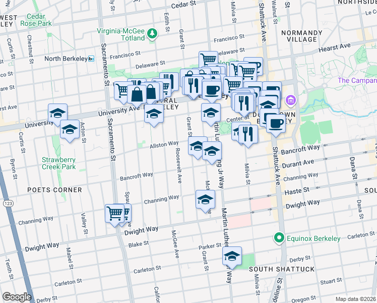 map of restaurants, bars, coffee shops, grocery stores, and more near 2222 Grant Street in Berkeley