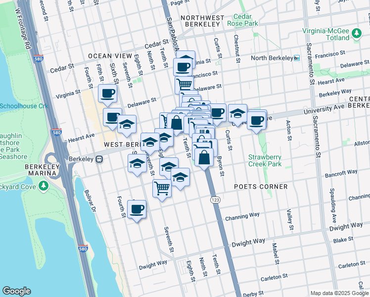 map of restaurants, bars, coffee shops, grocery stores, and more near 1007 Addison Street in Berkeley