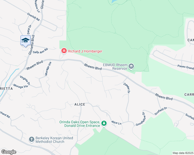 map of restaurants, bars, coffee shops, grocery stores, and more near 9 Greenwood Court in Orinda