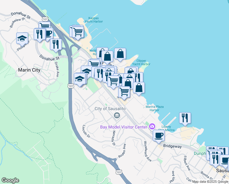 map of restaurants, bars, coffee shops, grocery stores, and more near in Sausalito