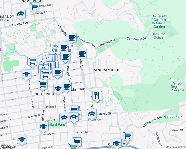 map of restaurants, bars, coffee shops, grocery stores, and more near 2908 Channing Way in Berkeley