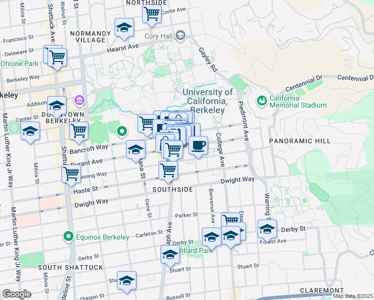 map of restaurants, bars, coffee shops, grocery stores, and more near 2538 Durant Avenue in Berkeley