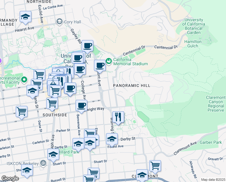 map of restaurants, bars, coffee shops, grocery stores, and more near 2422 Prospect Street in Berkeley