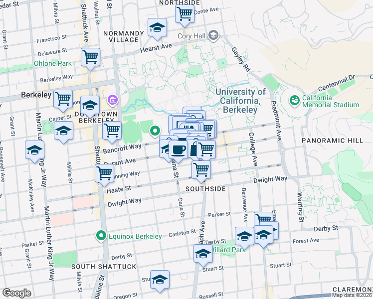 map of restaurants, bars, coffee shops, grocery stores, and more near 2432 Durant Avenue in Berkeley