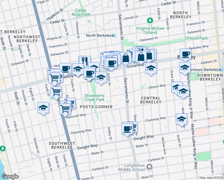 map of restaurants, bars, coffee shops, grocery stores, and more near 1419 Allston Way in Berkeley