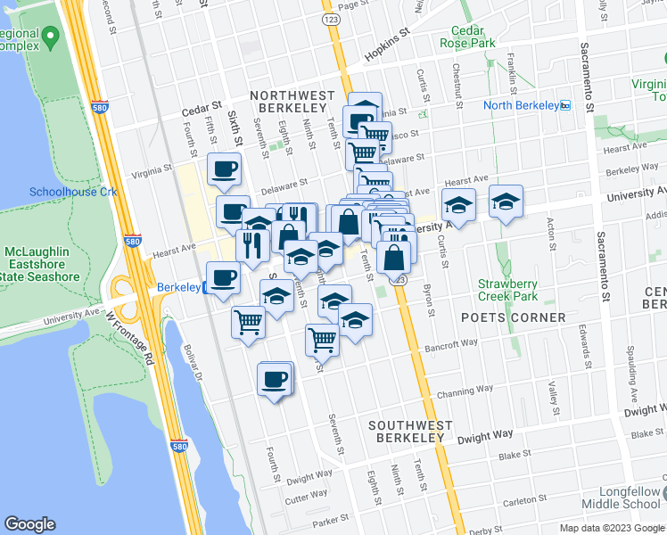 map of restaurants, bars, coffee shops, grocery stores, and more near 2023 Eighth Street in Berkeley