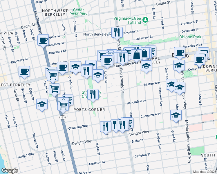 map of restaurants, bars, coffee shops, grocery stores, and more near 1419 Allston Way in Berkeley