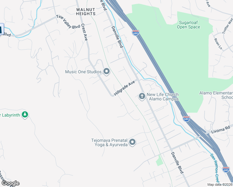 map of restaurants, bars, coffee shops, grocery stores, and more near Hillgrade Avenue & Lunada Lane in Alamo