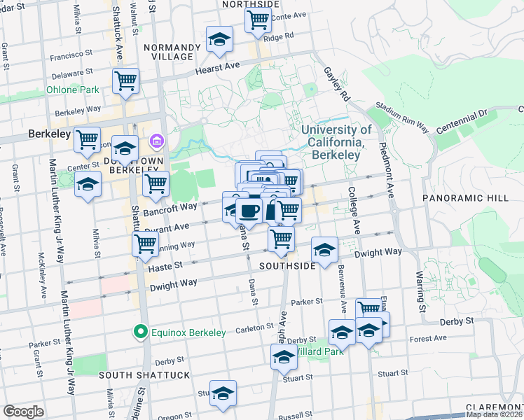 map of restaurants, bars, coffee shops, grocery stores, and more near 2432 Durant Avenue in Berkeley