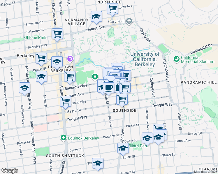 map of restaurants, bars, coffee shops, grocery stores, and more near 2432 Durant Avenue in Berkeley