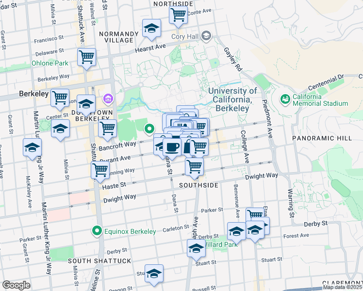 map of restaurants, bars, coffee shops, grocery stores, and more near 2432 Durant Avenue in Berkeley