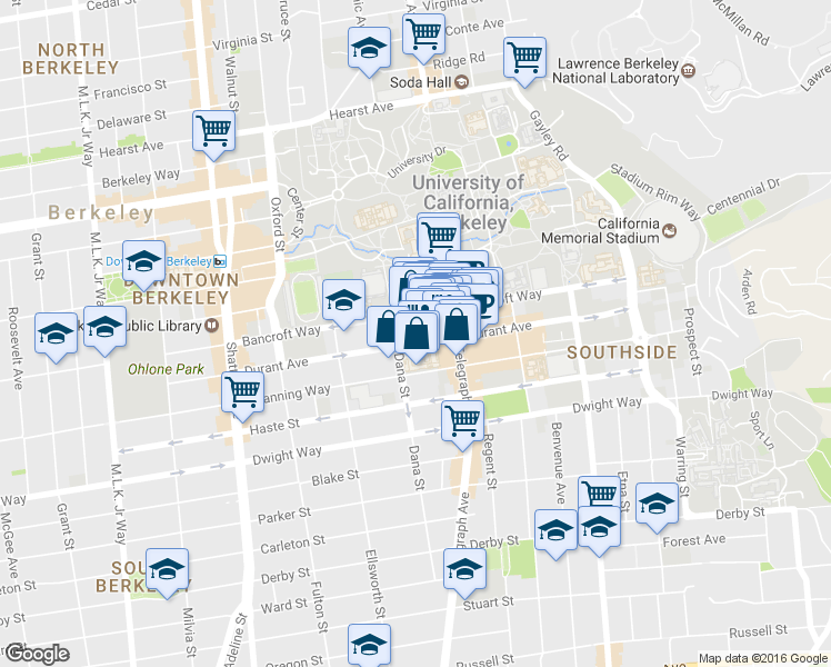 map of restaurants, bars, coffee shops, grocery stores, and more near 2432 Durant Avenue in Berkeley