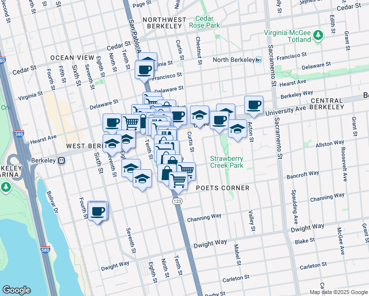 map of restaurants, bars, coffee shops, grocery stores, and more near 1117 Cowper Street in Berkeley