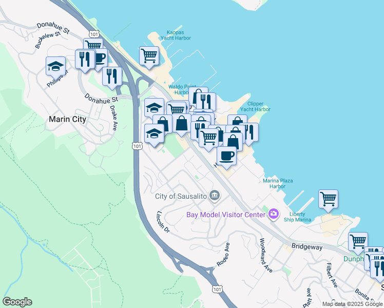 map of restaurants, bars, coffee shops, grocery stores, and more near 74 Cypress Place in Sausalito