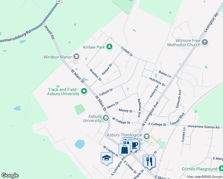 map of restaurants, bars, coffee shops, grocery stores, and more near 410 Talbott Drive in Wilmore