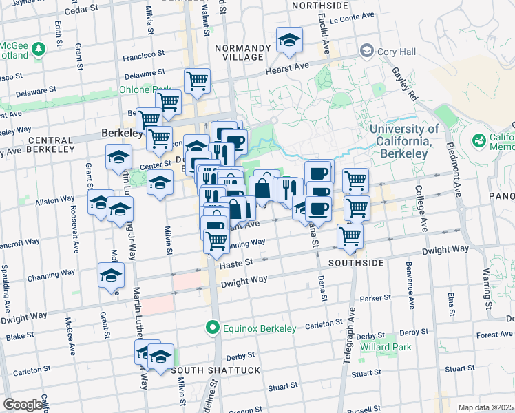 map of restaurants, bars, coffee shops, grocery stores, and more near 2214 Bancroft Way in Berkeley