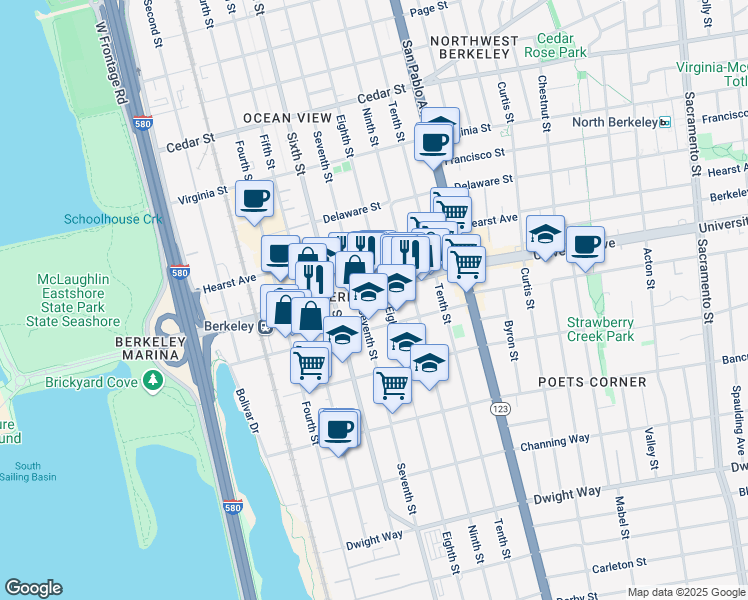 map of restaurants, bars, coffee shops, grocery stores, and more near 2016 Seventh Street in Berkeley