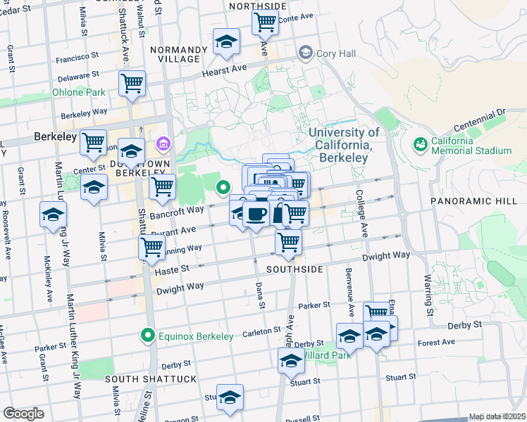 map of restaurants, bars, coffee shops, grocery stores, and more near 2432 Durant Avenue in Berkeley
