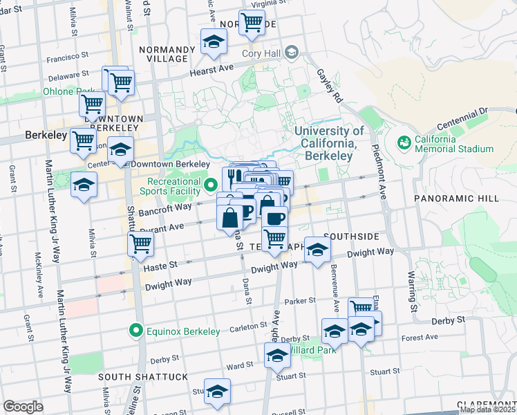 map of restaurants, bars, coffee shops, grocery stores, and more near 2432 Durant Avenue in Berkeley