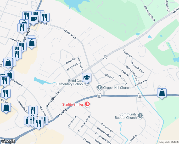 map of restaurants, bars, coffee shops, grocery stores, and more near 909 Bend Gate Road in Henderson