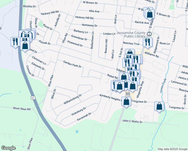 map of restaurants, bars, coffee shops, grocery stores, and more near 417 Garden Park Drive in Nicholasville