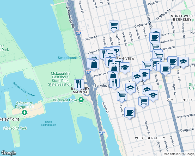 map of restaurants, bars, coffee shops, grocery stores, and more near 1920 2nd Street in Berkeley