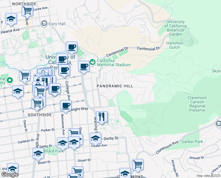map of restaurants, bars, coffee shops, grocery stores, and more near 60 Panoramic Way in Berkeley