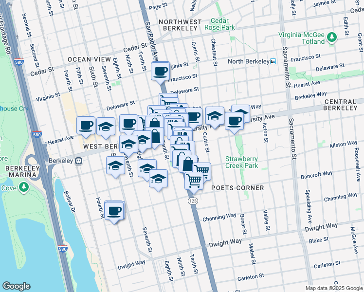 map of restaurants, bars, coffee shops, grocery stores, and more near 2100 San Pablo Avenue in Berkeley