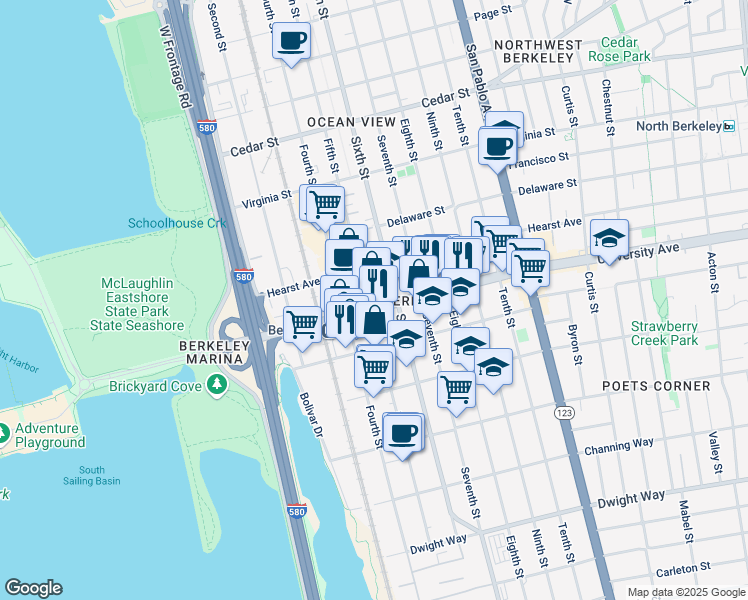 map of restaurants, bars, coffee shops, grocery stores, and more near 2014 Sixth Street in Berkeley