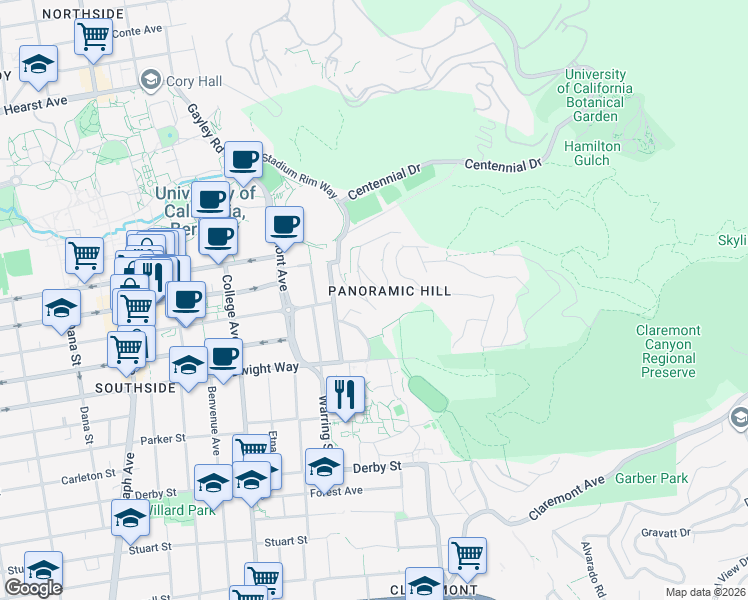 map of restaurants, bars, coffee shops, grocery stores, and more near 2411 Hillside Avenue in Berkeley