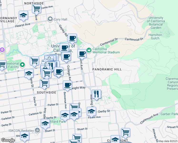 map of restaurants, bars, coffee shops, grocery stores, and more near 2401 Piedmont Avenue in Berkeley