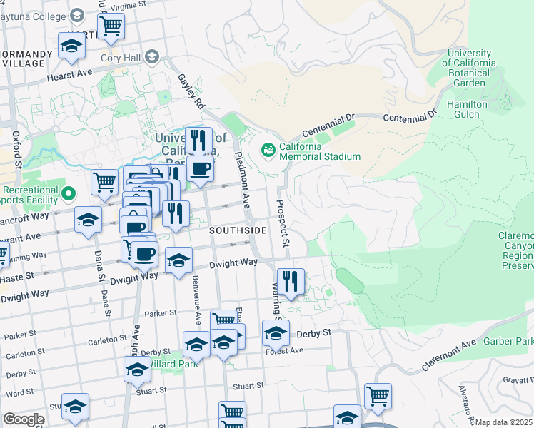 map of restaurants, bars, coffee shops, grocery stores, and more near 2401 Piedmont Avenue in Berkeley